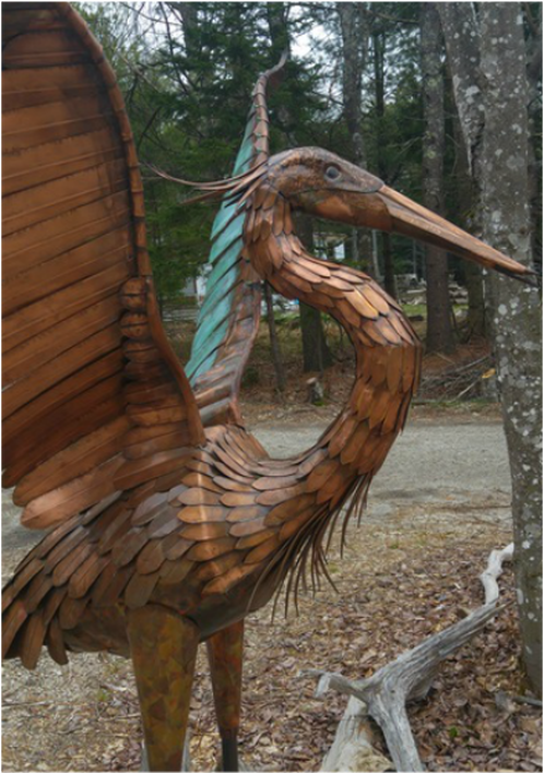 Copper Heron on driftwood Ledge Island Gallery